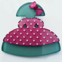 broche de meninas de resina mate rosa y verde agua con lunares